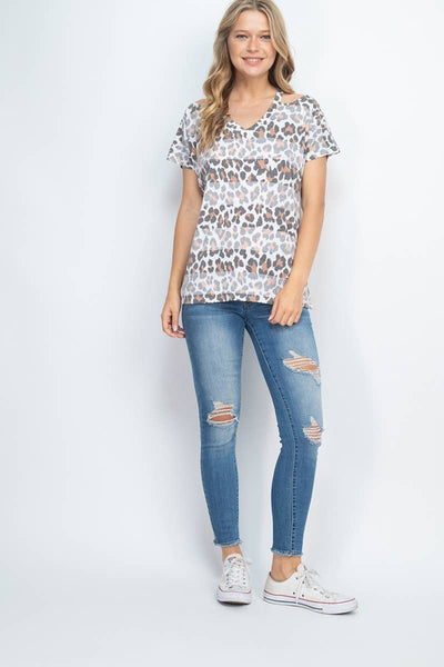 COLD SHOULDER V-NECK LEOPARD STRIPES TOP