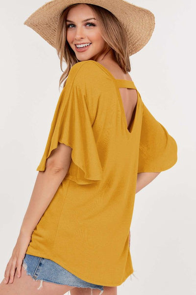 V-Neck Elbow Flutter Sleeve Top