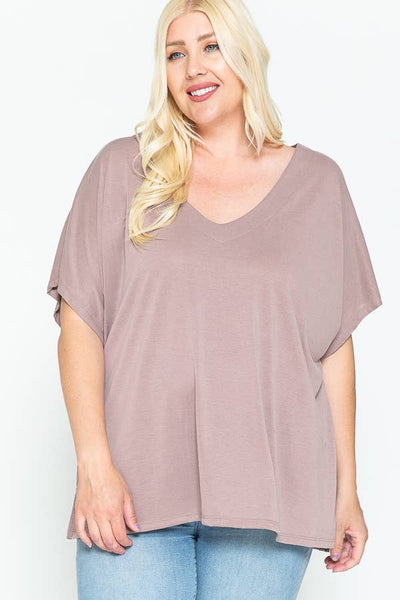 PLUS SIZE SIDE SLIT WITH V-NECK DOLMAN SHORT SLEEVE BLOUSE