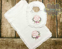 Girl's Antler Monogramed Ruffle Bib and Burp Cloth Set