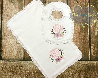 Girl's Antler Monogramed Ruffle Bib and Burp Cloth Set
